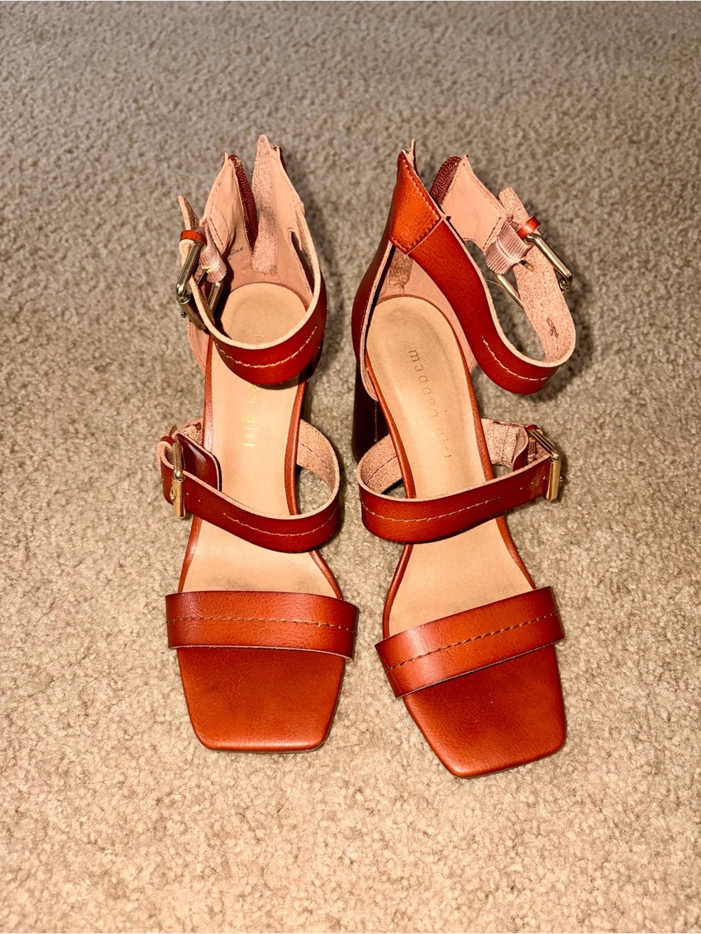Ready for Summer-Madden Girl Brown Leather Block Heel Sandals with Ankle Buckles